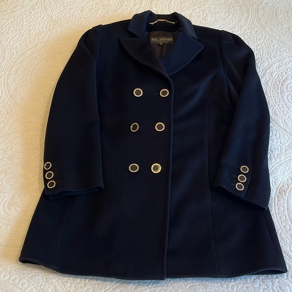 St. John Wool Cashmere Coat Women’s 6 
Black Logo Buttons Italy Classic Luxury - Picture 12 of 17